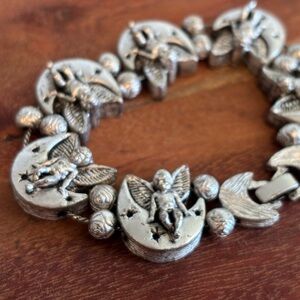 TOFA  ANGEL SITTING ON THE MOON Charm Slide Bracelet Vintage Rare 50s